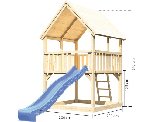 Tour de jeux avec toboggan en bois, dimensions 200 x 200 x 345 cm