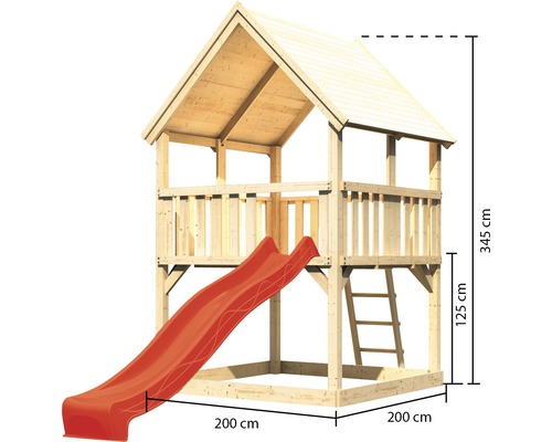 Tour de jeux en bois avec toboggan, échelle et dimensions 345 x 200 x 200 cm.
