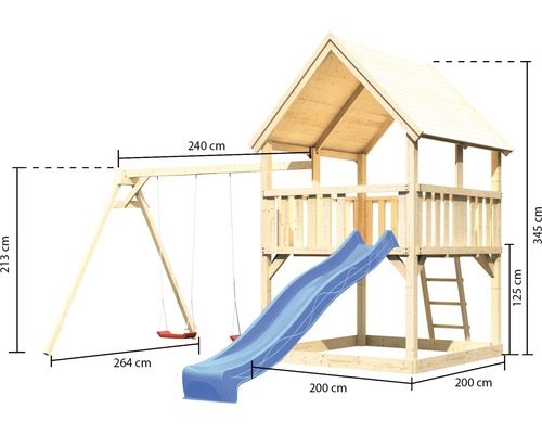 Tour de jeux avec balançoire et toboggan, dimensions incluses.
