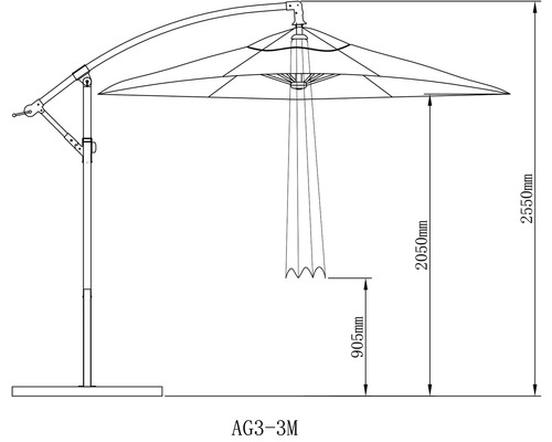 Technische Zeichnung eines Sonnenschirms mit seitlichem Mast und Maßangaben