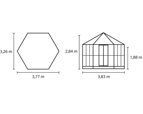 Abmessungen eines Gewächshauses als technische Zeichnung dargestellt