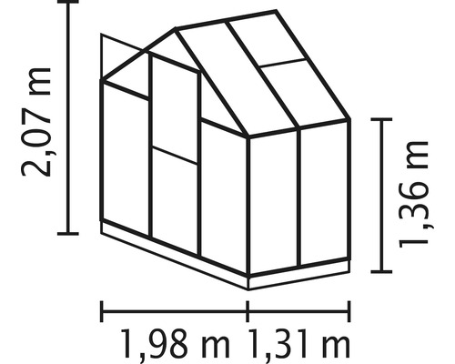 Dimensions de la serre sous forme de dessin au trait : 2,07 mètre de hauteur, 1,36 mètre de hauteur latérale, 1,98 mètre et 1,31 mètre de largeur.