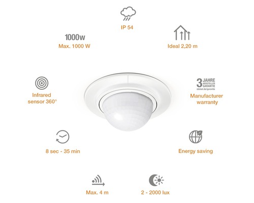 Détecteur de mouvement intérieur avec capteur infrarouge à 360 degrés et données techniques : IP 54, 1000 watts maximum, idéal 2,20 mètres, 8 secondes à 35 minutes, portée maximale de 4 mètres, 2 à 2000 lux et garantie fabricant de 3 ans.