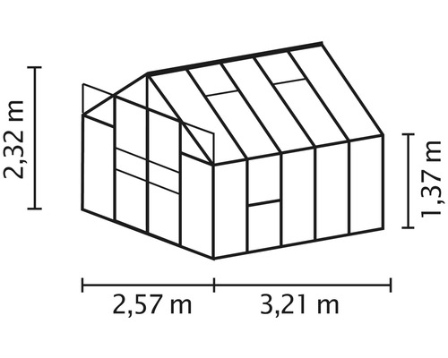 Image d''une serre avec des dimensions de 2,32 m de hauteur, 2,57 m de largeur et 3,21 m de longueur