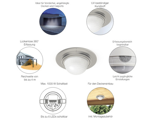 Deckeneinbaustrahler mit Bewegungsmelder für Vordächer und Carports, UV-beständiger Kunststoff, 360 Grad Erfassung, bis zu 4 Meter Reichweite, bis zu 1000 Watt Schaltlast, bis zu 6 LEDs schaltbar, inklusive Montagezubehör