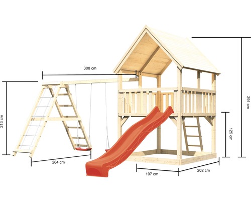 Spielturm aus Holz mit Schaukel und Rutsche mit Maßangaben