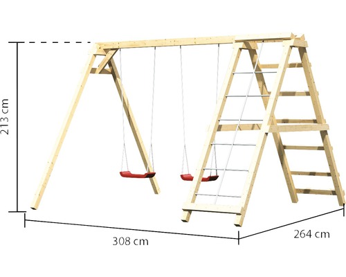 Portique de jeux en bois avec deux balançoires et une échelle d''escalade, dimensions 213 x 308 x 264 cm