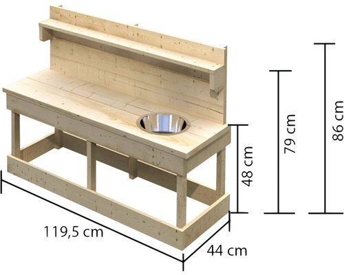 Évier de jardin en bois avec des dimensions de 119,5 cm x 44 cm x 86 cm