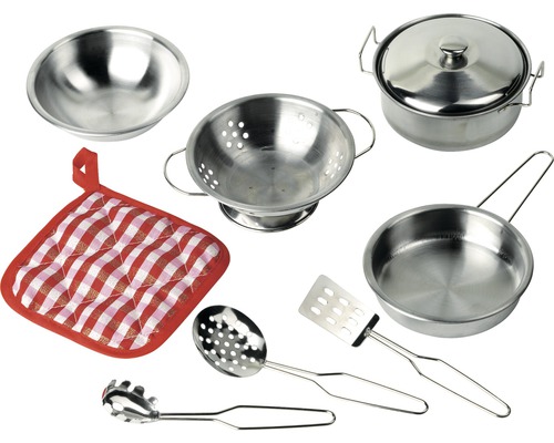 Set de cuisine pour enfants avec casserole, poêle, passoire, bol, manique et ustensiles de cuisine