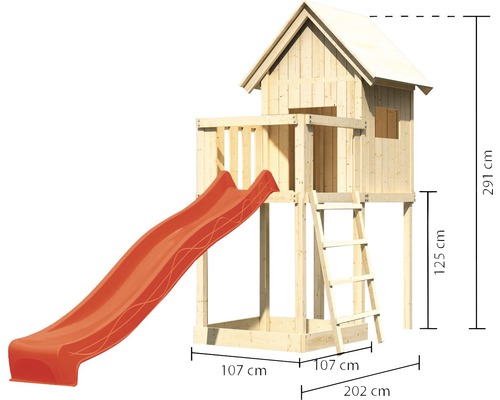Tour de jeux en bois avec toboggan et échelle et indication de la hauteur
