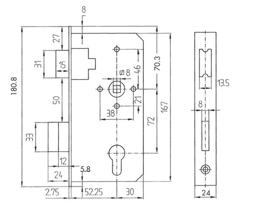 Dessin technique d''une serrure à mortaiser avec dimensions