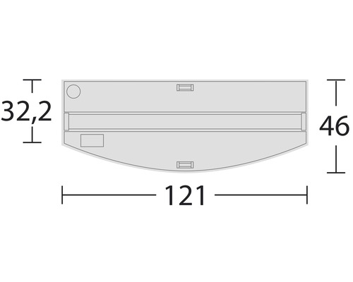 Technische Zeichnung mit den Massen einer Abdeckung: 121 cm breit, 46 cm hoch und 32,2 cm tief.