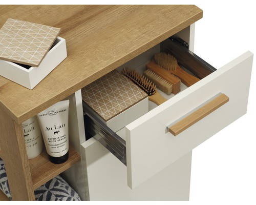 Meuble-lavabo de salle de bains avec tiroir, étagère en bois et produits cosmétiques