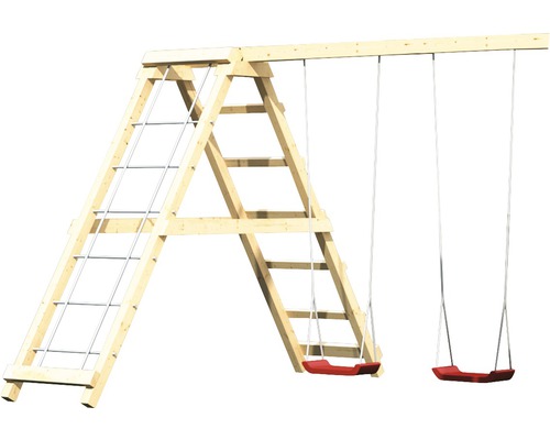 Balancoire en bois avec échelle de corde et deux sièges de balançoire