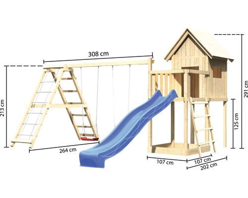 Tour de jeu en bois avec balançoire, toboggan et échelle avec dimensions