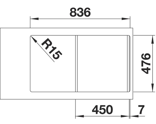 Schéma technique d''un évier mesurant 836 x 476 millimètres