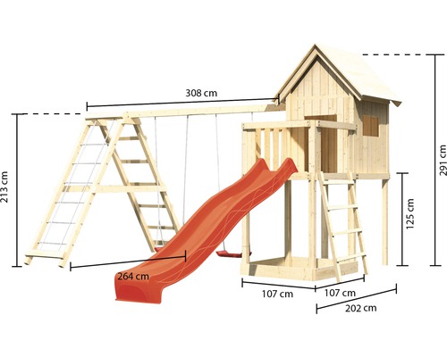 Abmessungen eines Spielturms mit Schaukel, Rutsche und Kletterleiter