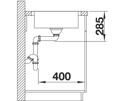 Dessin d''un évier avec indication des dimensions : hauteur 285, largeur 400.