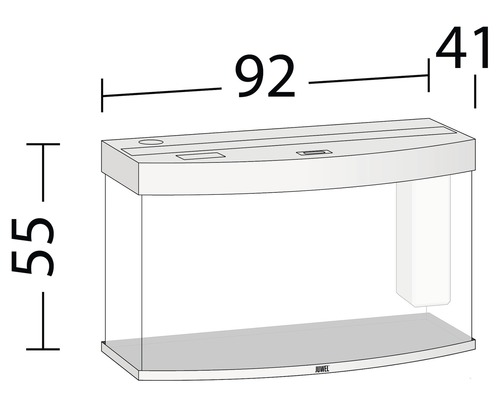 Aquarium mit den Maßen 92 cm Breite, 55 cm Höhe und 41 cm Tiefe