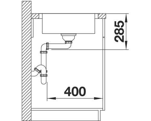 Dessin d''un évier avec siphon et indications de dimensions pour l''installation