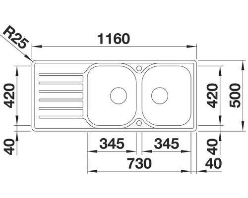 Schéma d''un évier avec égouttoir et dimensions du bassin