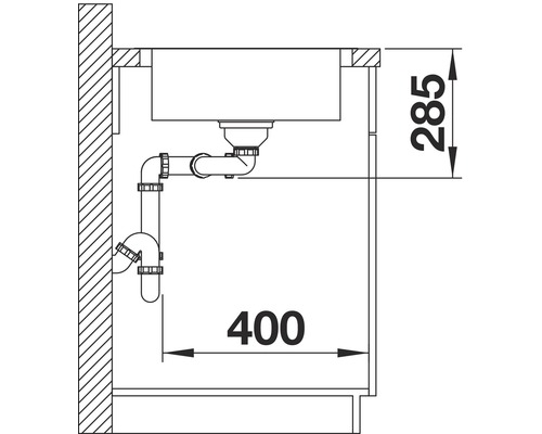 Dessin technique d''un évier avec siphon et indications de dimensions