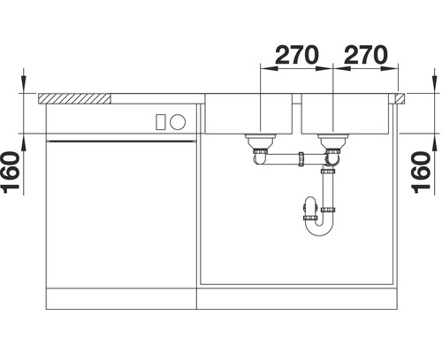 Dessin technique d''un meuble sous-évier avec deux éviers et indications de dimensions
