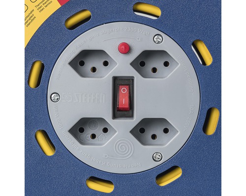 Steffen Kabeltrommel mit vier Steckdosen, Schalter und Überlastungsschutz