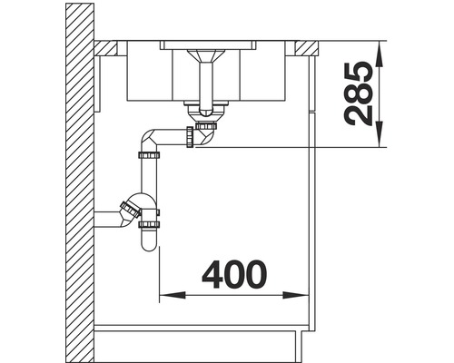 Schemazeichnung eines Spültischs mit Siphon und Massangaben