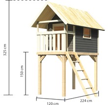 Dimensions de la cabane de jeux sur pilotis: 325 cm de hauteur, 224 cm de largeur et 120 cm de profondeur.
