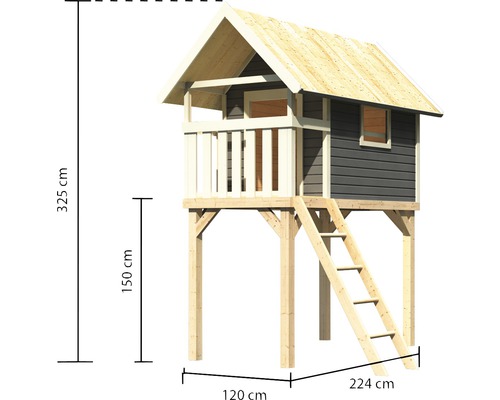 Dimensions de la cabane de jeux sur pilotis: 325 cm de hauteur, 224 cm de largeur et 120 cm de profondeur.