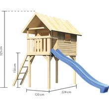Cabane de jeux avec toboggan en bois, les dimensions sont indiquées