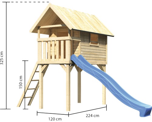Cabane de jeux avec toboggan en bois, les dimensions sont indiquées