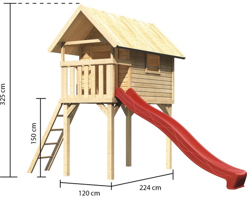 Maisonnette en bois avec toboggan et échelle, dimensions 325 x 120 x 224 cm