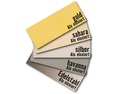 Farbmuster eloxiertes Aluminium in Gold, Sahara, Silber, Havanna und Edelstahl