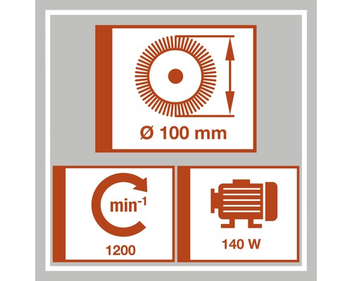 Technische Daten: Durchmesser 100 Millimeter, 1200 Umdrehungen pro Minute, 140 Watt