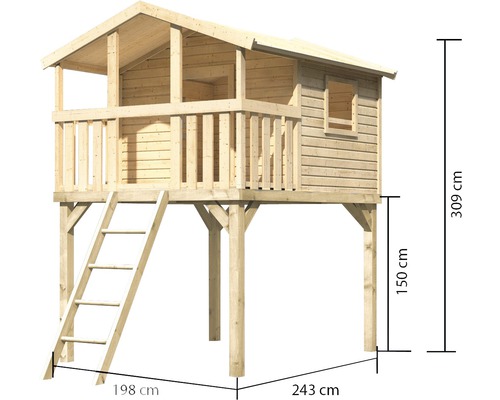 Maison de jeux en bois avec échelle et dimensions de 309 x 243 x 198 cm.