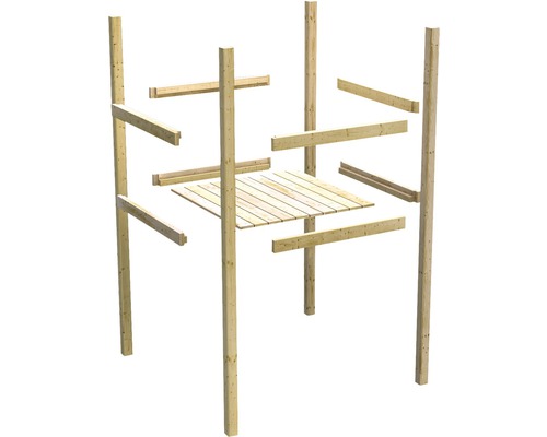 Construction en bois avec quatre poteaux et plateforme en lattes de bois