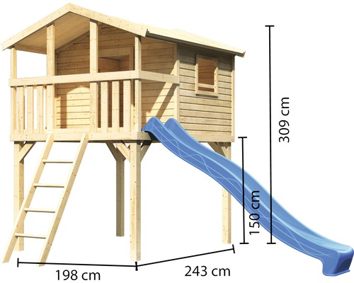 Maisonnette en bois avec toboggan, échelle et dimensions de 309 cm de hauteur, 198 cm de largeur et 243 cm de longueur