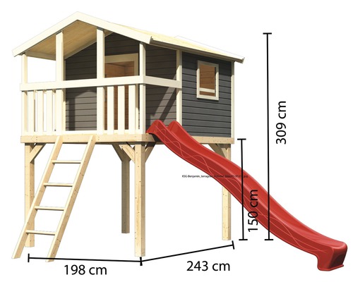 Spielhaus mit Leiter und Rutsche sowie Maßangaben