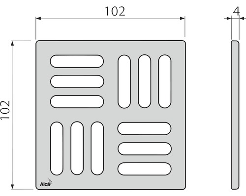 Garniture d''écoulement carrée avec fentes et dimensions de 102 x 102 x 4 mm.