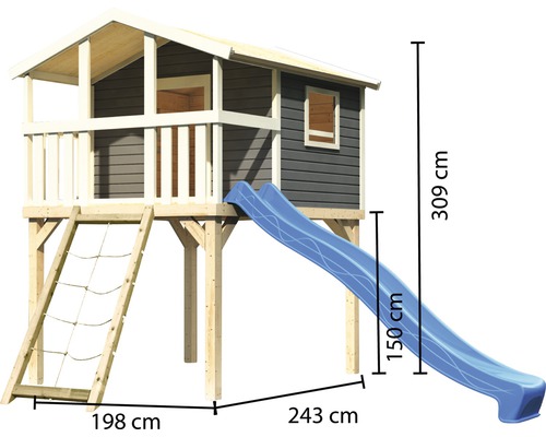 Spielturm aus Holz mit Rutsche und Kletternetz, Abmessungen 309 x 198 x 243 cm