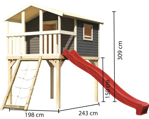 Spielhaus aus Holz mit Rutsche und Kletternetz, Gesamthöhe 309 cm