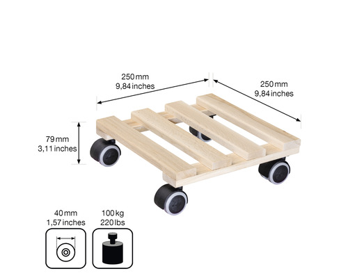 Support à roulettes en bois mesurant 250 x 250 millimètres avec une capacité de charge maximale de 100 kilogrammes.