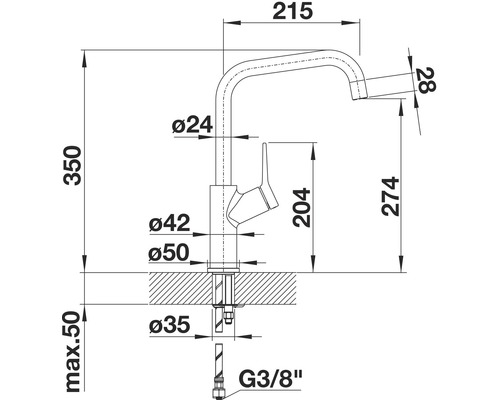 Schéma coté d''un robinet avec les dimensions de la hauteur, de la portée et du diamètre