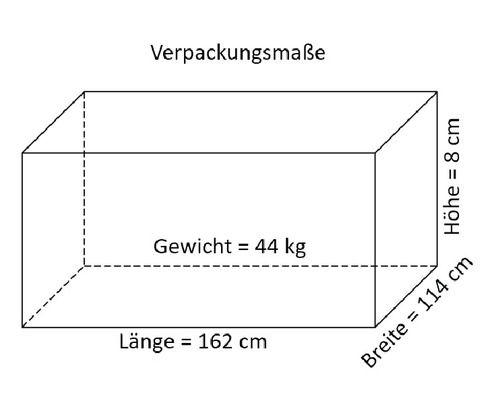 Verpackungsmaße: Länge 162 cm, Breite 114 cm, Höhe 8 cm, Gewicht 44 kg