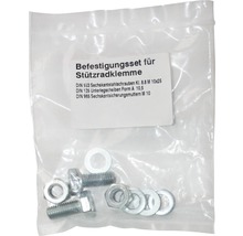 Befestigungsset für Stützradklemme mit Sechskantstahlschrauben, Unterlegscheiben und Sechskantsicherungsmuttern in Plastikverpackung