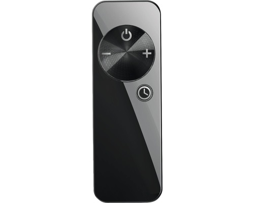 Schwarze Fernbedienung mit runden Knöpfen für Ein- und Ausschalten, Lautstärke und Timerfunktion