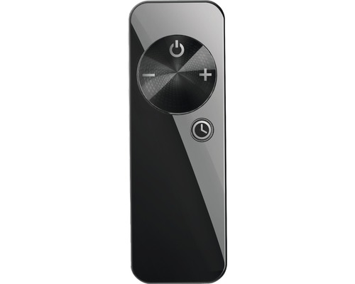 Télécommande noire avec bouton marche/arrêt, bouton plus/moins et bouton de minuterie