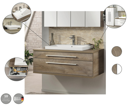 Waschtisch mit Unterschrank, Spiegelschrank und Hochschrank für Badezimmer